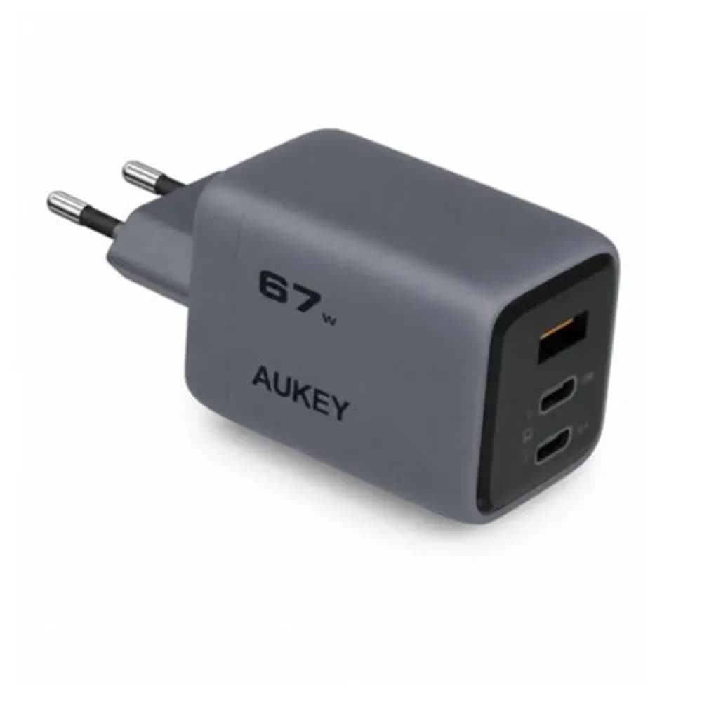 Aukey Comet Mix 3 GaN 67W charger, gray, with two USB-C and one USB-A ports