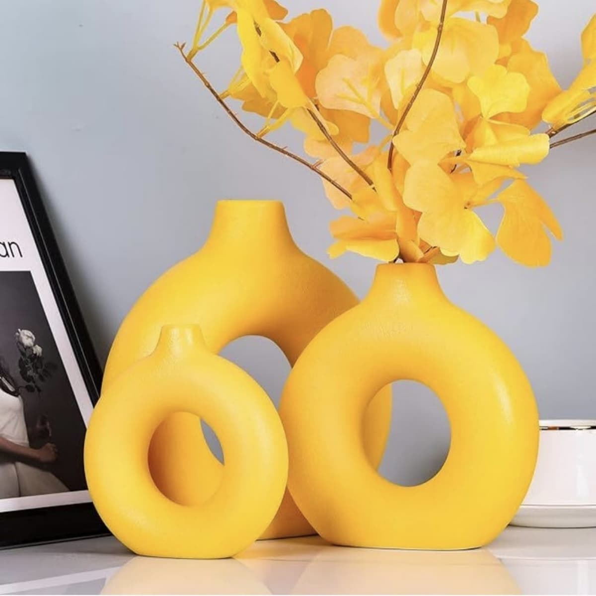 Yellow pottery vase set of 3, graduated heights, matte finish