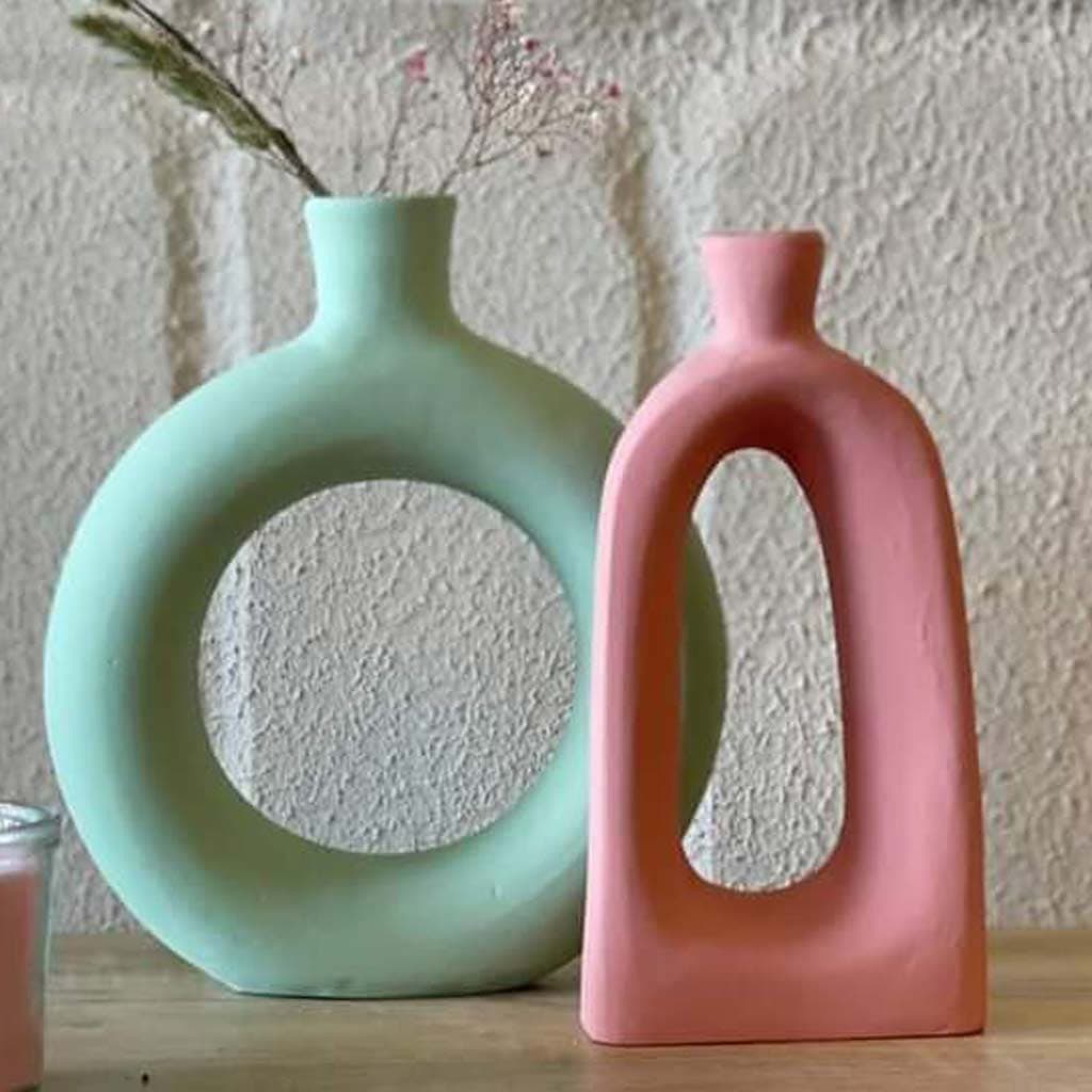 Green and pink pottery vase set of 2, matte finish