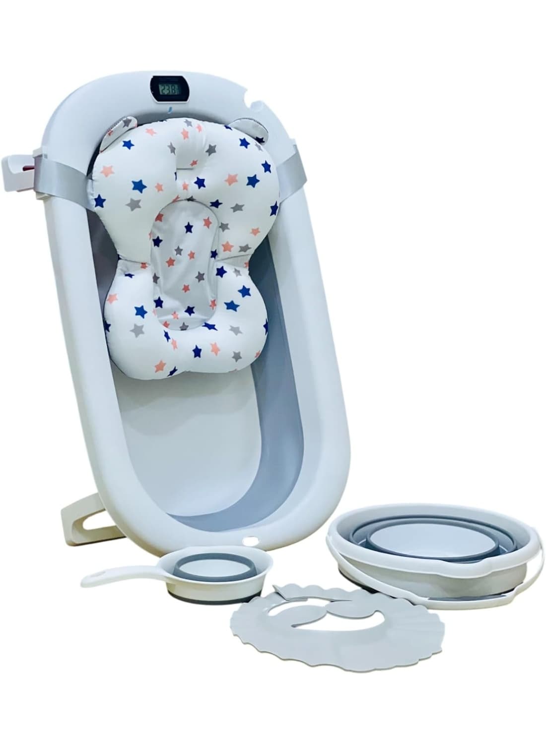 Foldable 5-piece baby bath set YM-205 with temperature display, grey — main view