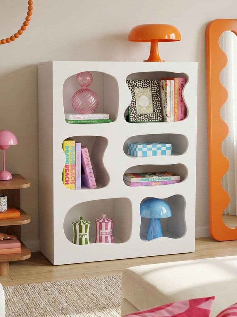The Blob Rack LED Bookcase, styled with books and decor