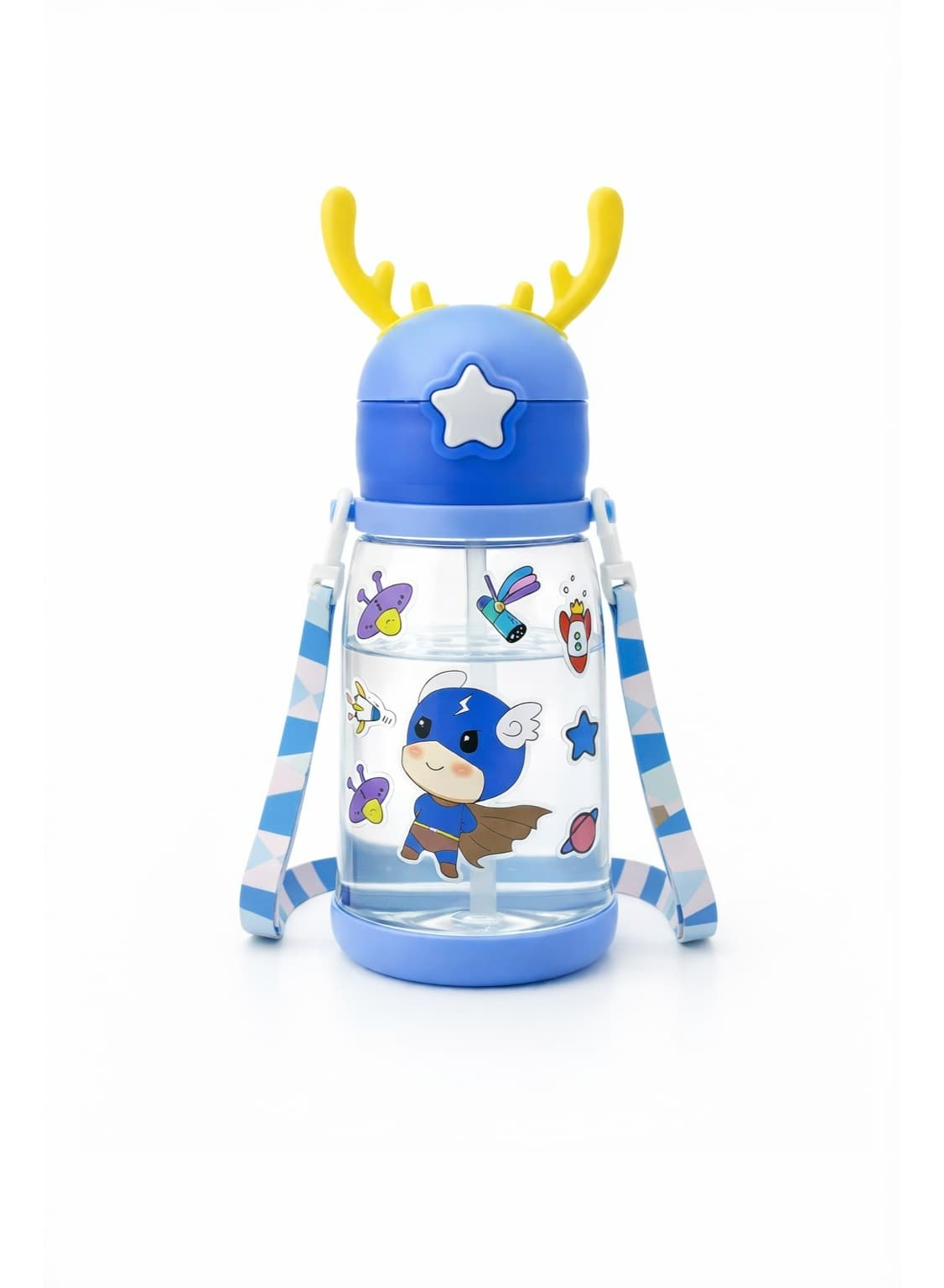 Kids acrylic cup with straw and strap, deer antler design, 600ml, blue