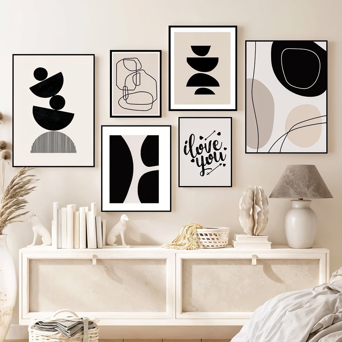 Spanish MDF Wood Tableau Set, 6 pieces, black and white — main view