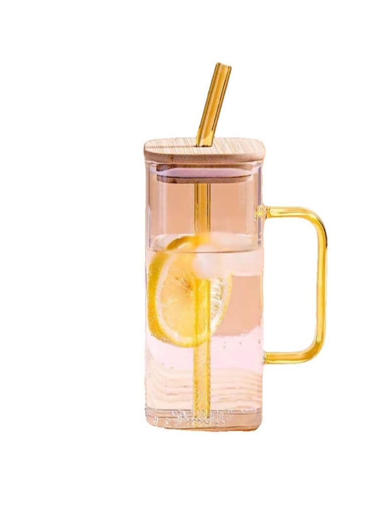 300ml square glass mug with straw and wooden lid
