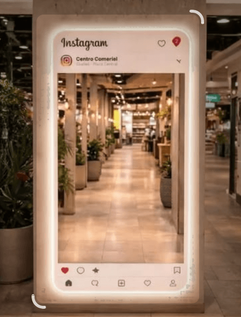 LED Instagram-frame selfie mirror — freestanding full-length mirror styled as a glowing social-media post with a neon LED border
