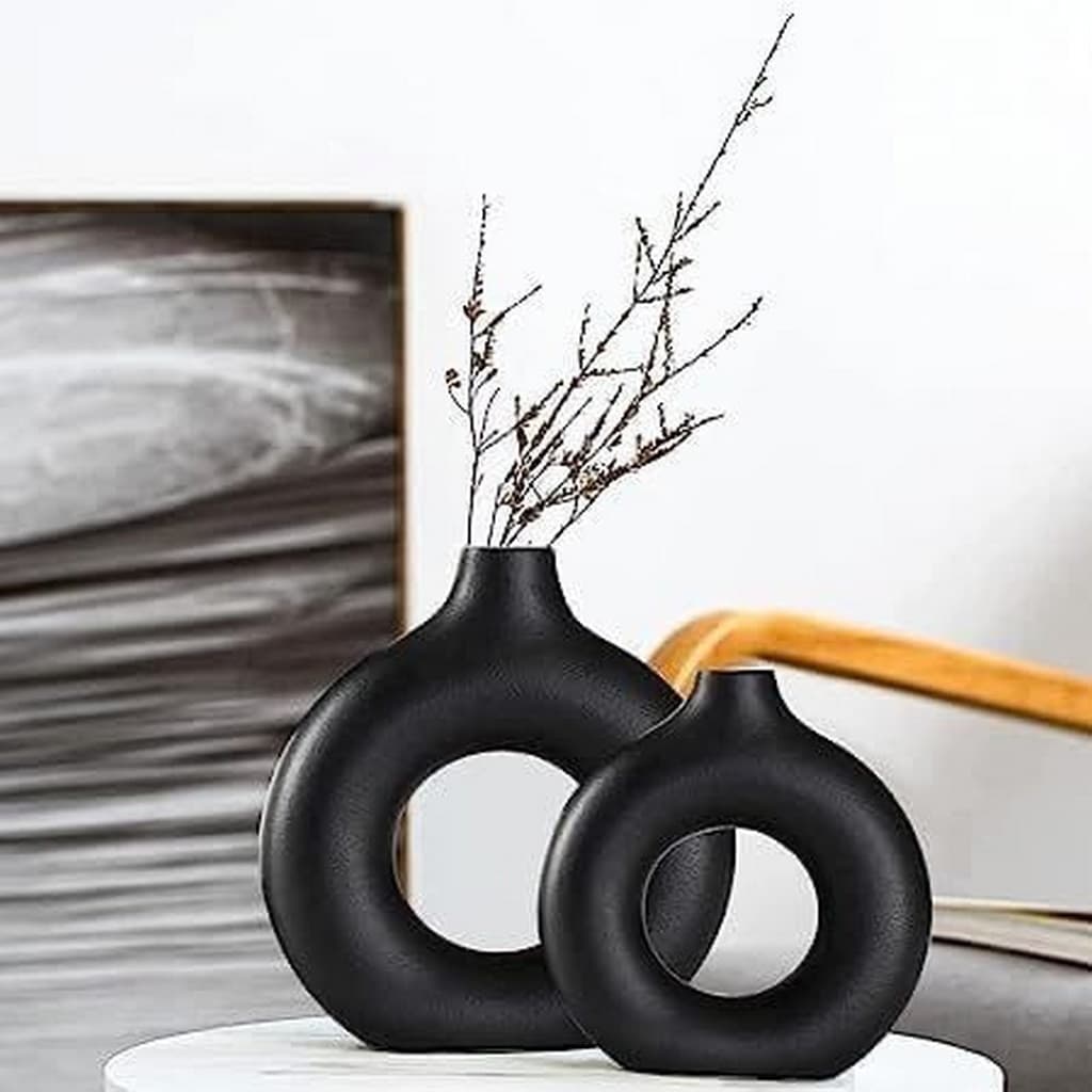 Black pottery decorative vase set of 2, high-quality matte finish