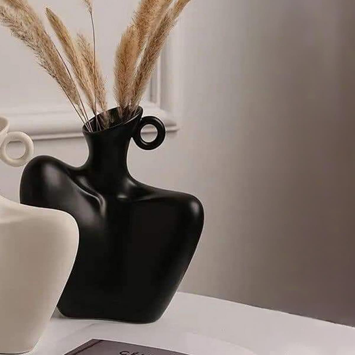 Black and white pottery decorative vase set of 2, matte finish