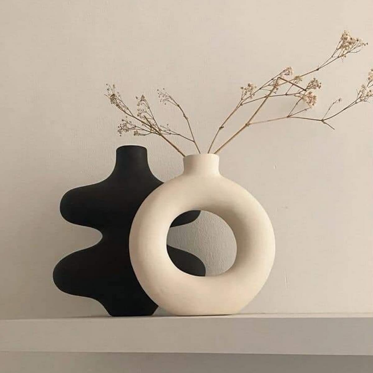 Off-white and black pottery decorative vase set of 2, matte finish