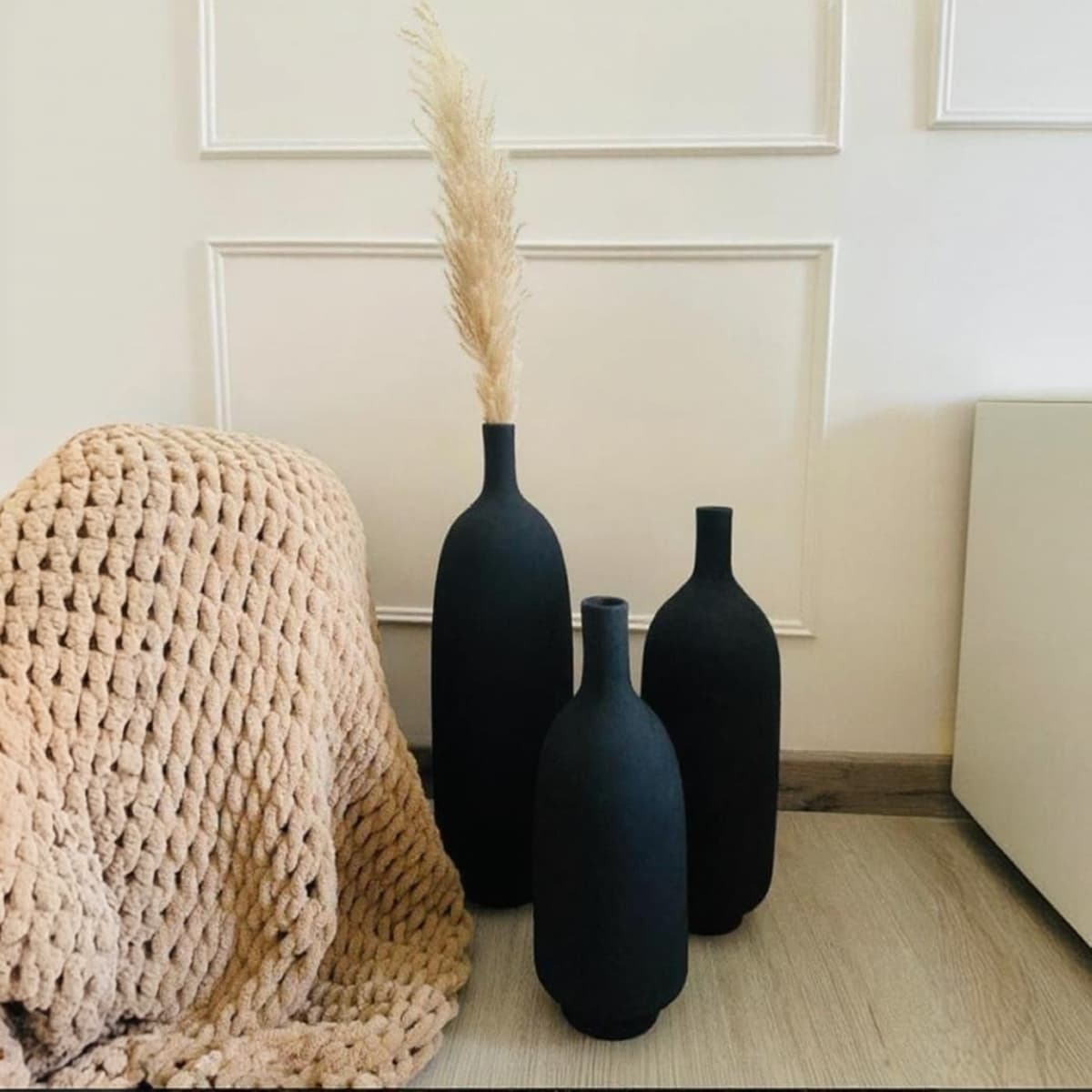 Tall black pottery vase set of 3, sculptural graduated heights