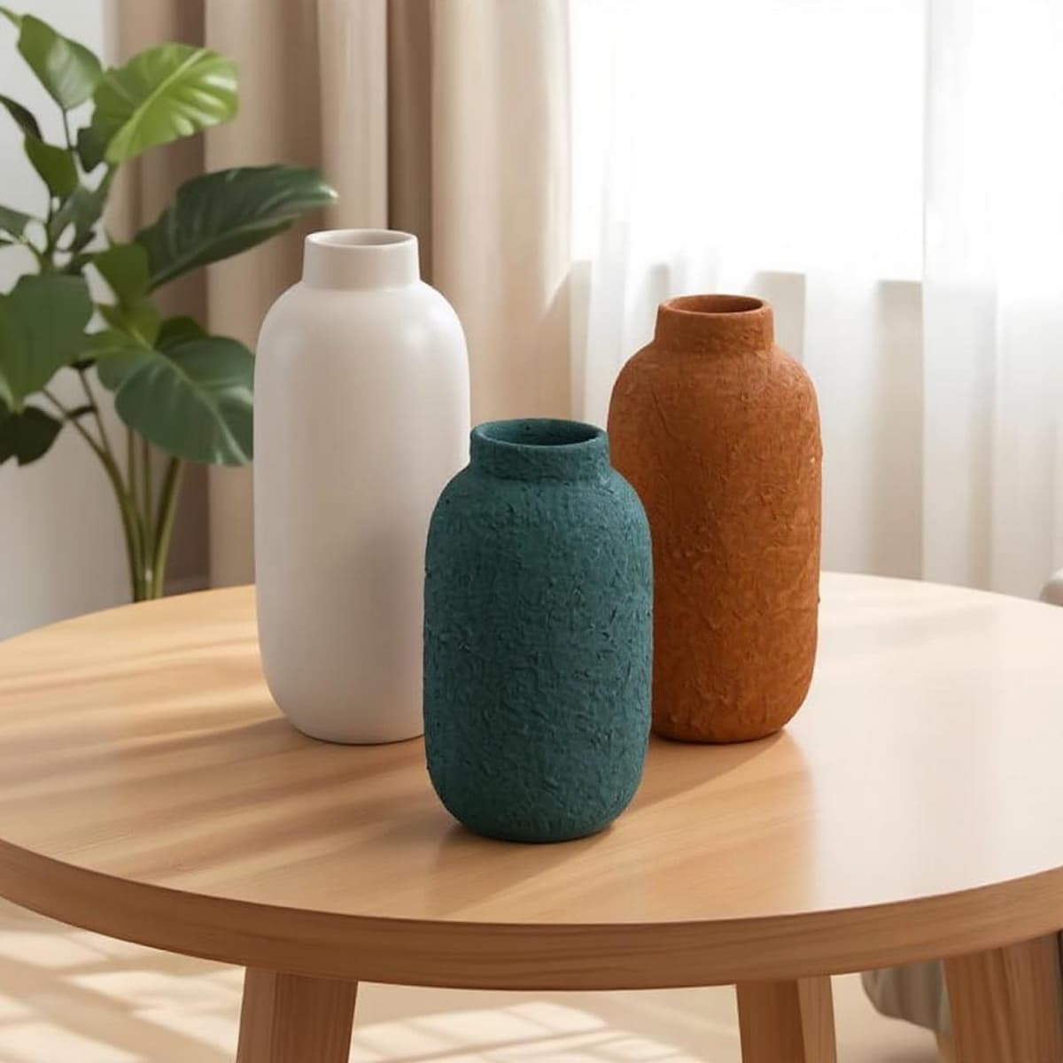 Multi-colour pottery vase set of 3, tall graduated heights, matte finish
