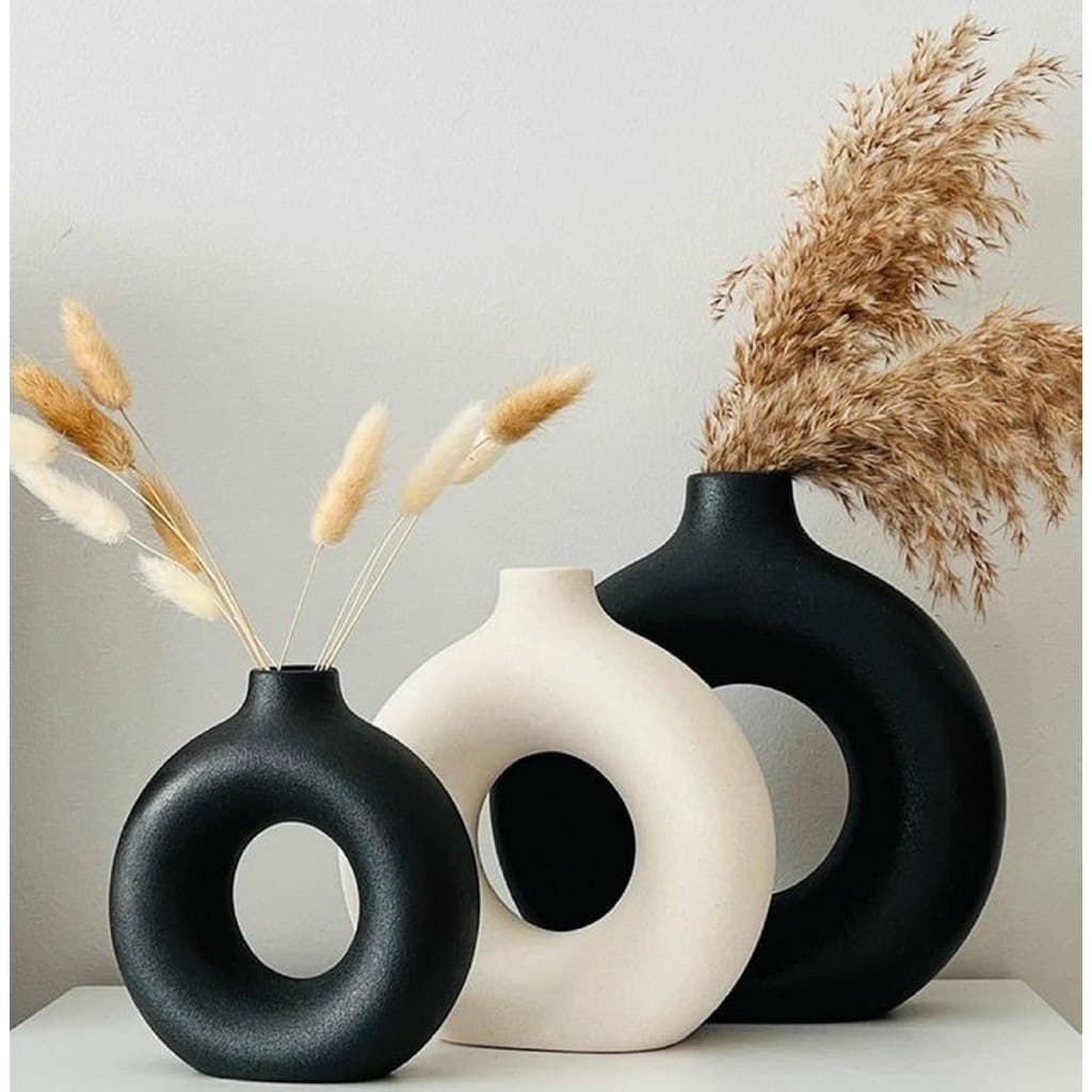 White and black high-quality pottery vase set of 3, graduated heights