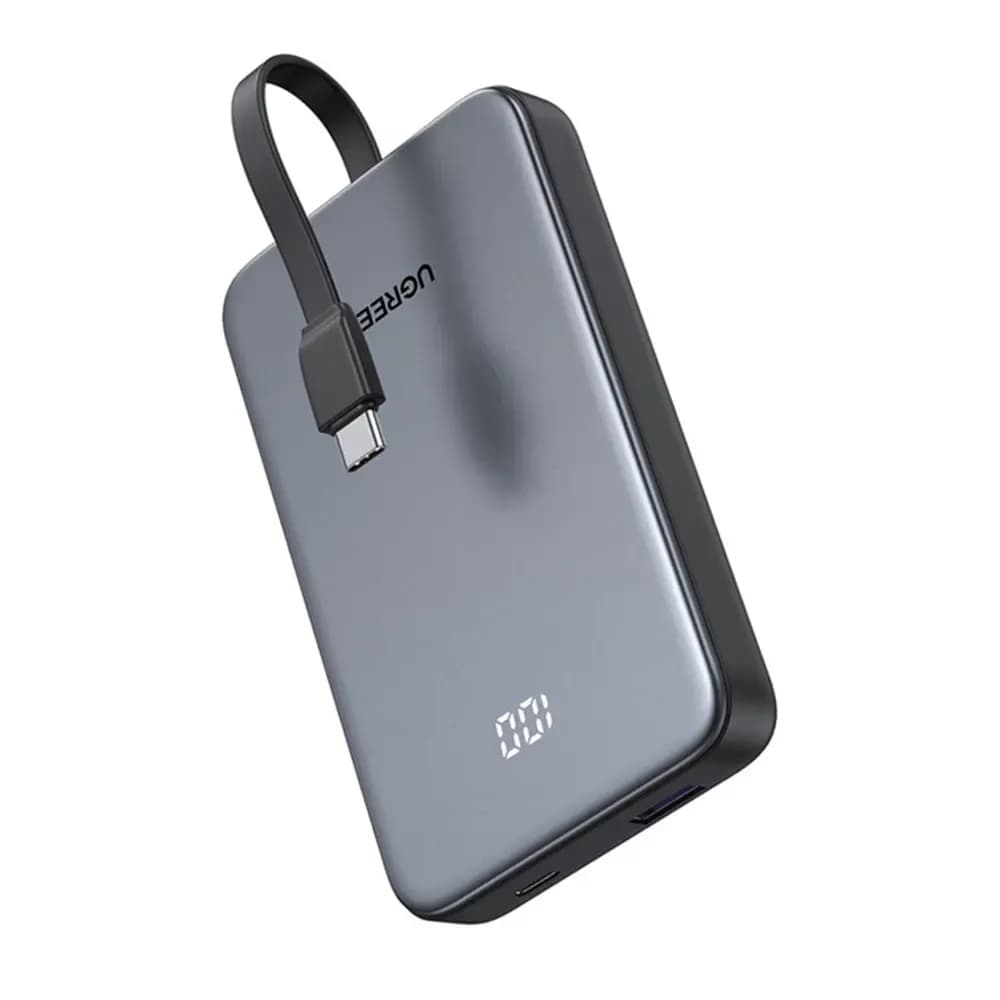 UGreen PB526 power bank, 10,000 mAh, 20W, gray, with built-in USB-C cable