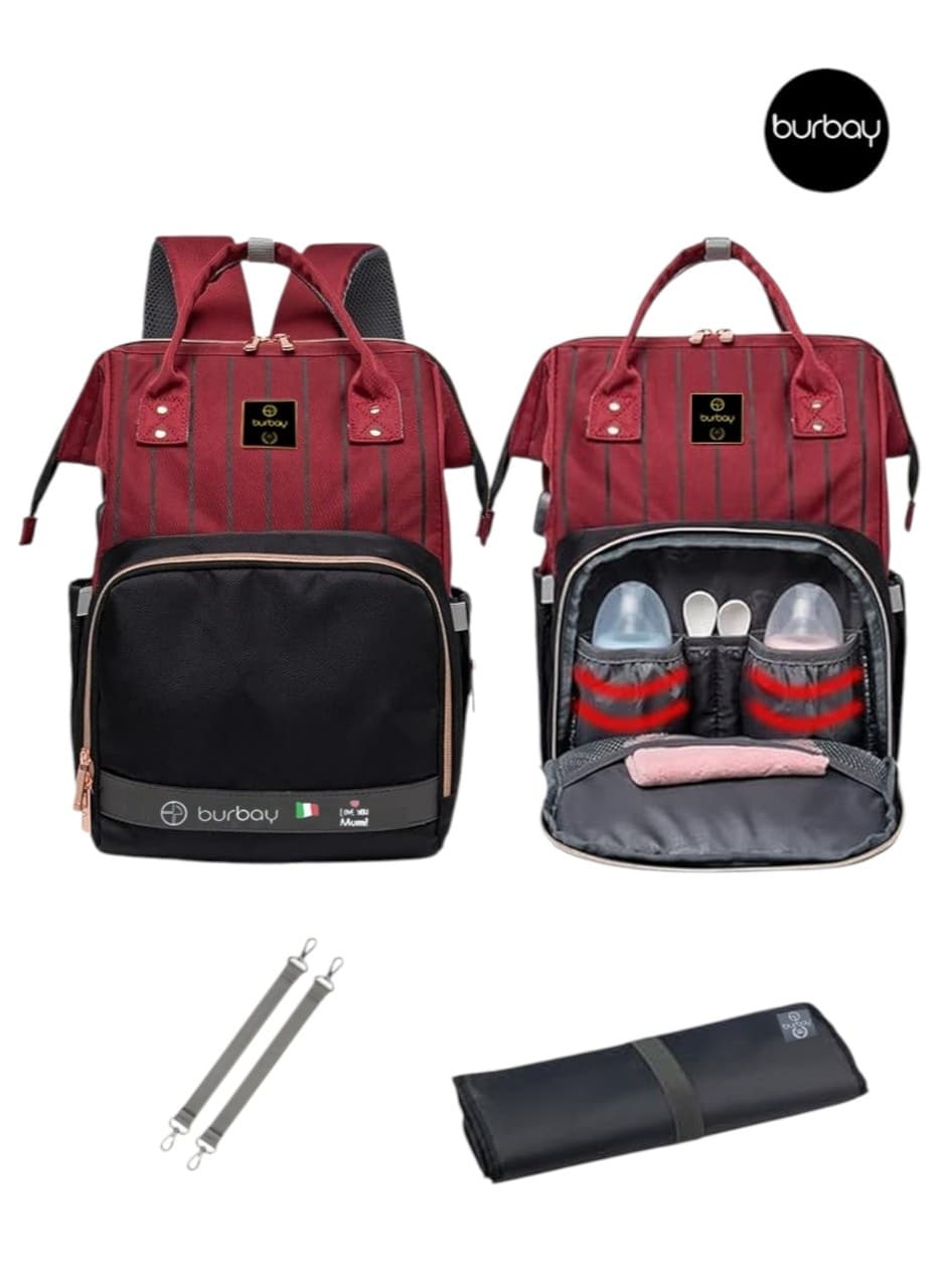 Burbay diaper backpack in maroon and black — main view
