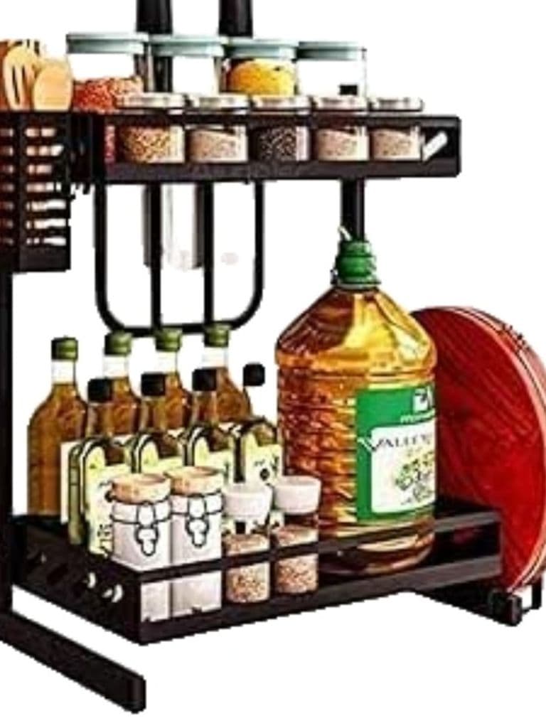 Generic 2-Tier Kitchen Counter Organiser Rack Spice Bottles Storage Shelf Black Metal Frame Space Saving