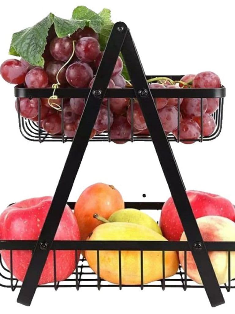 Generic 2-Tier Stackable Fruit Basket Kitchen Storage Organizer for Vegetables and Bread Black Iron with Wooden Handle