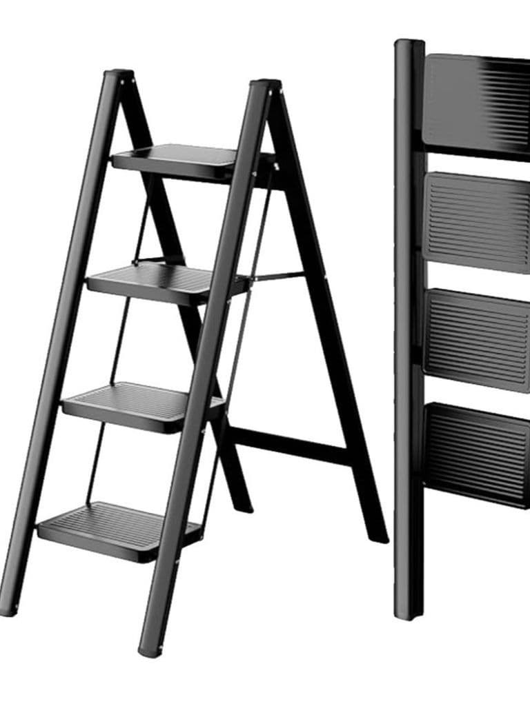 Generic 4-Step Folding Metal Ladder Heavy Duty 150kg Capacity Non-Slip Step Stool Black Steel