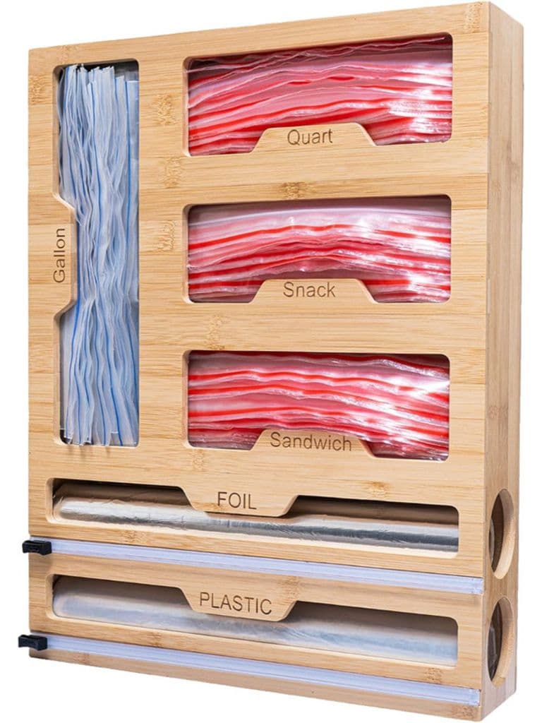 Generic 6-in-1 Bamboo Kitchen Roll Organizer for Foil Stretch Wrap and Tissue Paper Wall Mounted