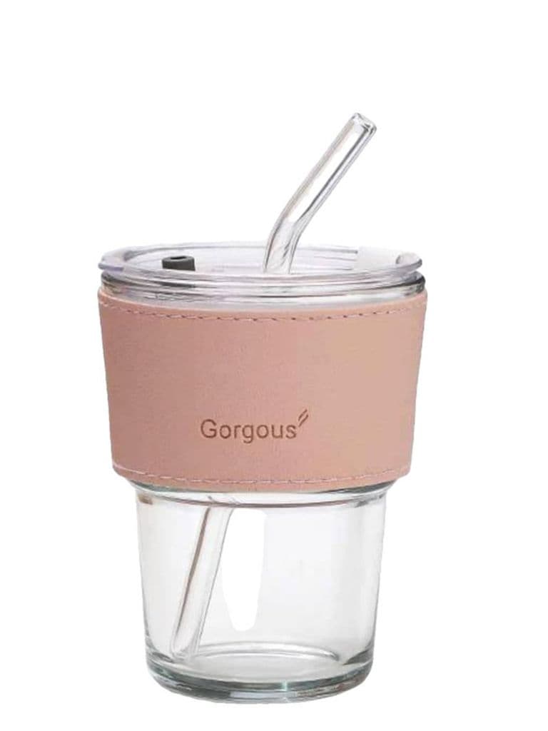 Generic Glass Mug with Pink Leather Sleeve and Lid Transparent Cup for Coffee Tea and Juices with Glass Straw