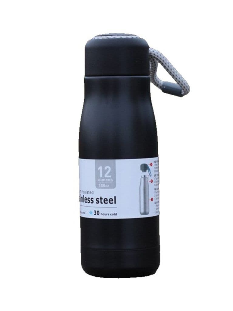 Generic Stainless Steel 304 Insulated Water Bottle Leak-Proof Double Wall Vacuum Flask Black Strap 600ml