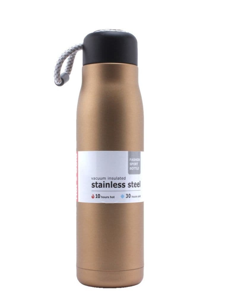 Generic Stainless Steel Sports Mug with Carrying Strap Thermal Insulated Metallic Beige 600ml