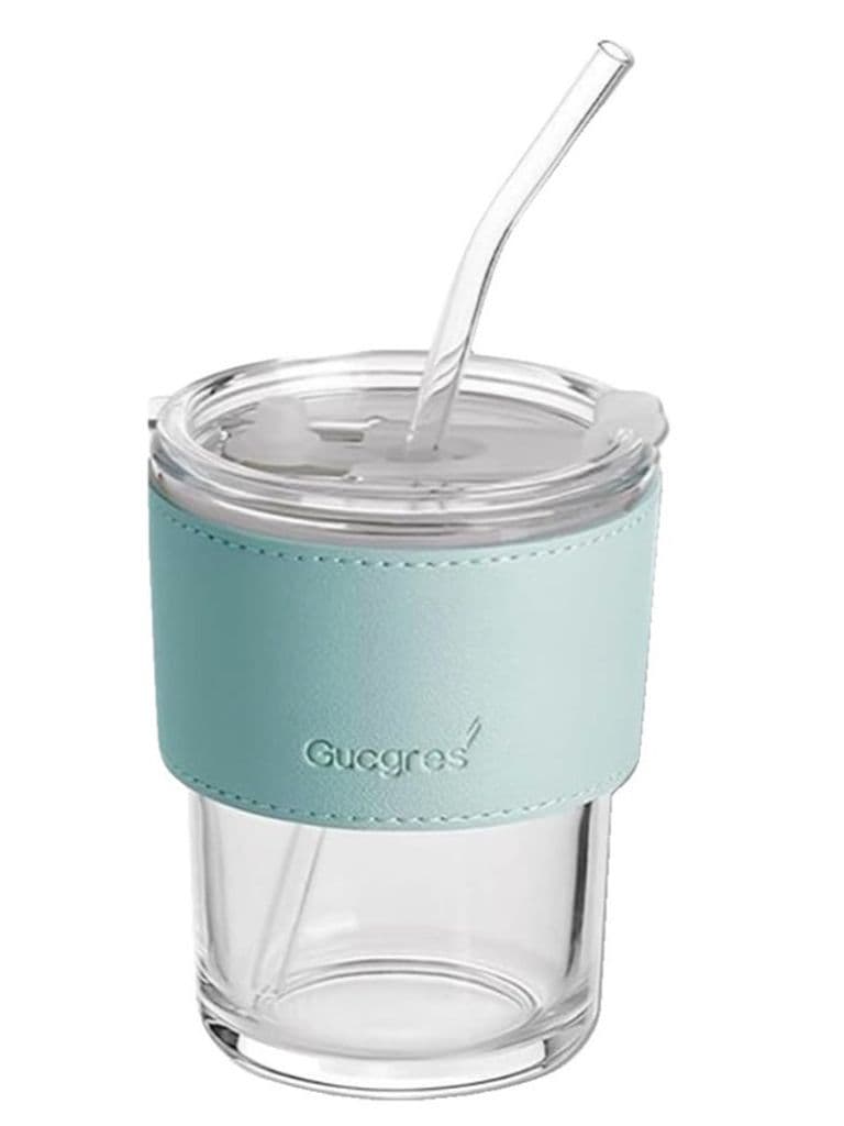 Glass cup with a chic leather cover and a silicone straw, 450 ml, transparent