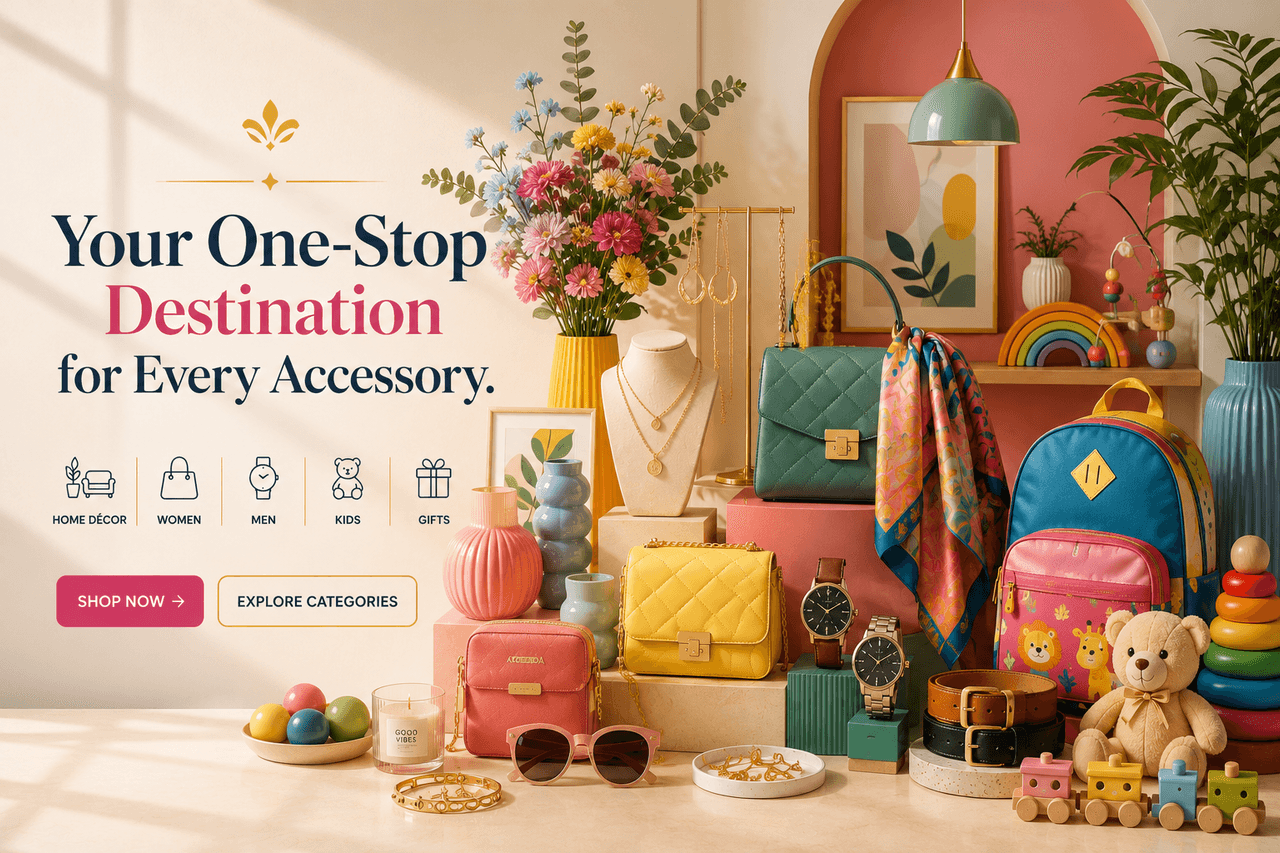 Your one-stop destination for every accessory — colourful flat-lay of home décor, handbags, jewellery, watches, a kids' backpack and toys with category links for Home Décor, Women, Men, Kids and Gifts