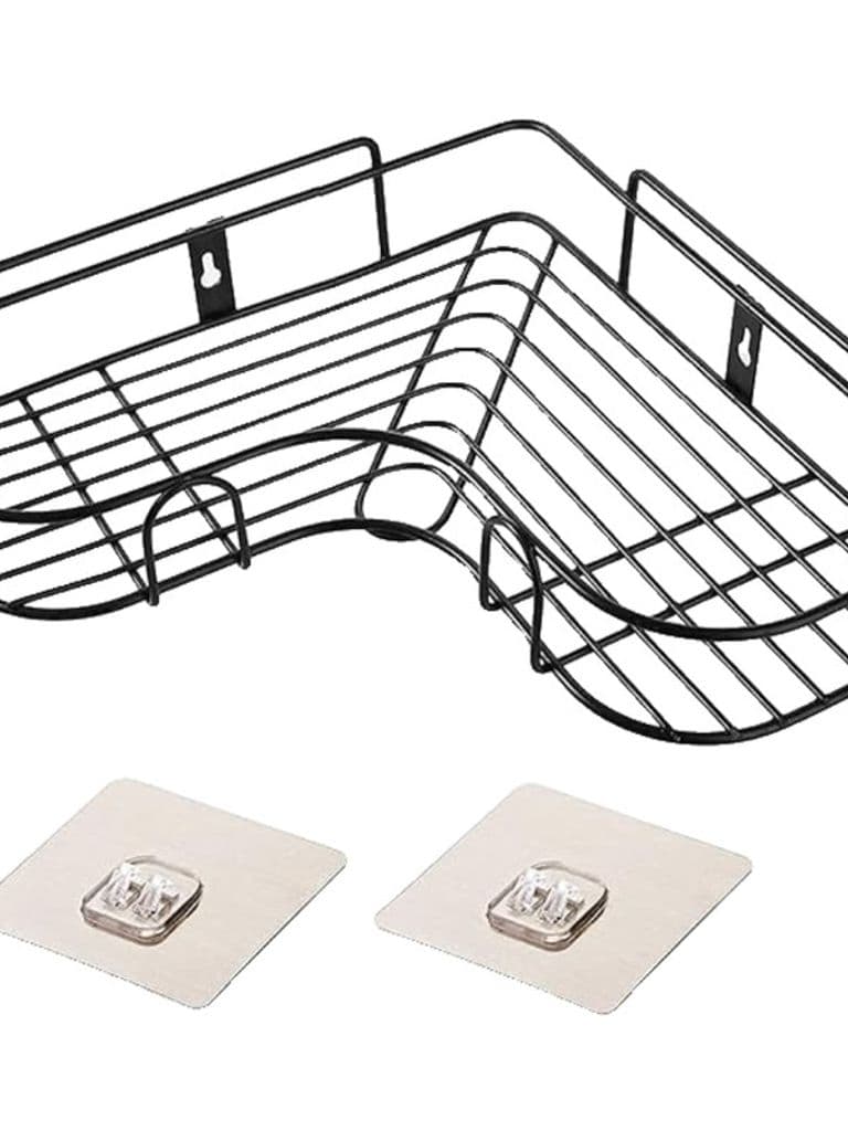 Multi-purpose corner shelf for the bathroom, wall-mounted and equipped with a holder