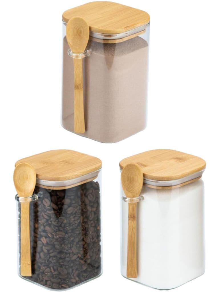 Transparent Glass Jar with Wooden Spoon and Bamboo Lid
